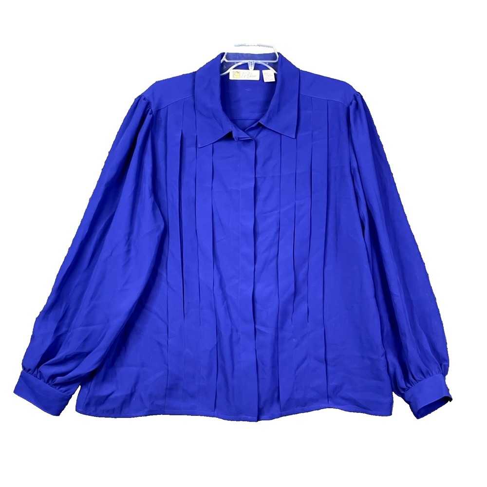 La Blouse Shirt Top Women's 22W Blue Pleated Classic Office Academia Streetwear